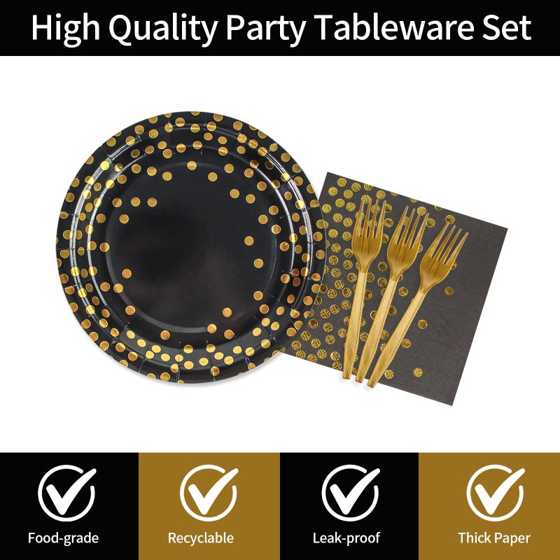 KFJBPB 48PCS Black and Gold Plates and Napkins Party Supplies  Gold Dot Disposable Paper Plates and Napkins with Forks Tableware Set for Birthday Wedding Retirement Graduation Party Decorations 16 Guests - Image 3