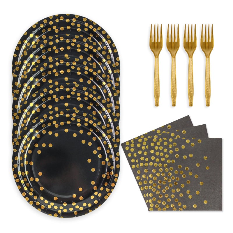 KFJBPB 48PCS Black and Gold Plates and Napkins Party Supplies  Gold Dot Disposable Paper Plates and Napkins with Forks Tableware Set for Birthday Wedding Retirement Graduation Party Decorations 16 Guests - Image 1