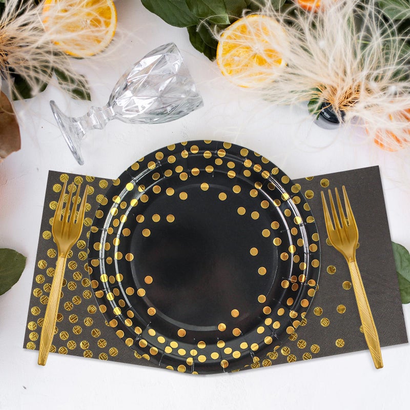 KFJBPB 48PCS Black and Gold Plates and Napkins Party Supplies  Gold Dot Disposable Paper Plates and Napkins with Forks Tableware Set for Birthday Wedding Retirement Graduation Party Decorations 16 Guests - Image 5