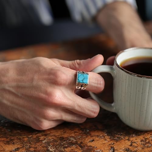 Babylon Silver Solid Genuine 925 Sterling Silver Simulated Turquoise Handmade Cuban Link Chain Motif Braided Ring for Men (Turquoise, 7) - Image 3