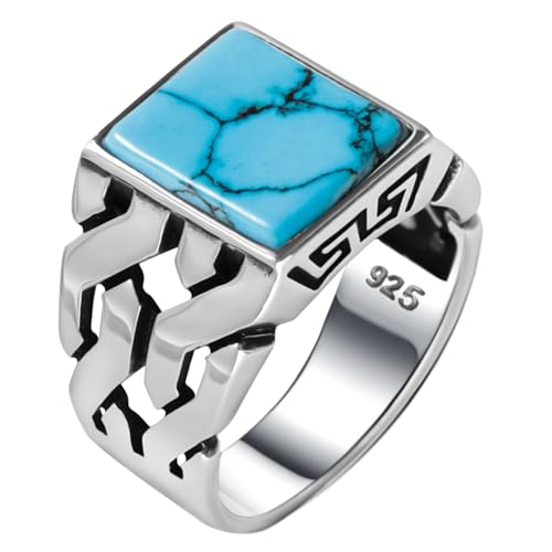 Babylon Silver Solid Genuine 925 Sterling Silver Simulated Turquoise Handmade Cuban Link Chain Motif Braided Ring for Men (Turquoise, 7) - Image 1
