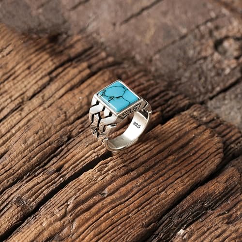Babylon Silver Solid Genuine 925 Sterling Silver Simulated Turquoise Handmade Cuban Link Chain Motif Braided Ring for Men (Turquoise, 7) - Image 2