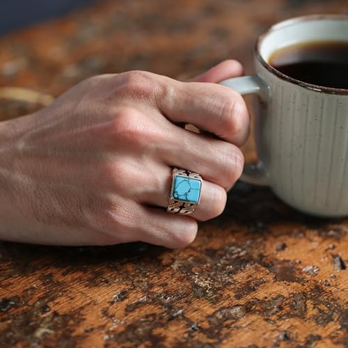Babylon Silver Solid Genuine 925 Sterling Silver Simulated Turquoise Handmade Cuban Link Chain Motif Braided Ring for Men (Turquoise, 7) - Image 4