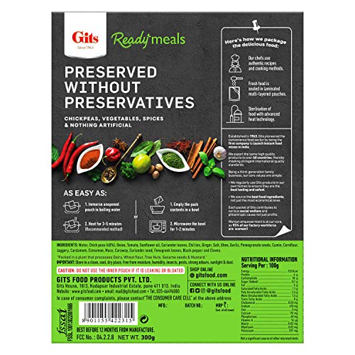 Gits Ready to Eat Punjabi Chhole, Pure Veg, Heat and Eat, Microwaveable 1200g (Pack of 4 X 300g Each) - Image 4