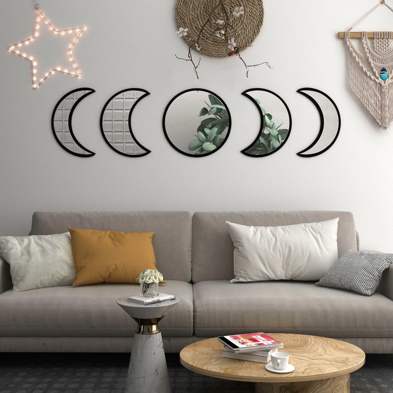 HMANGE 5-Piece Black Acrylic Moon Phase Wall Mirror Set - Shatterproof Safety Design, Easy Stick-On Installation, Boho Celestial Decor for Bedroom Living Room - Image 5