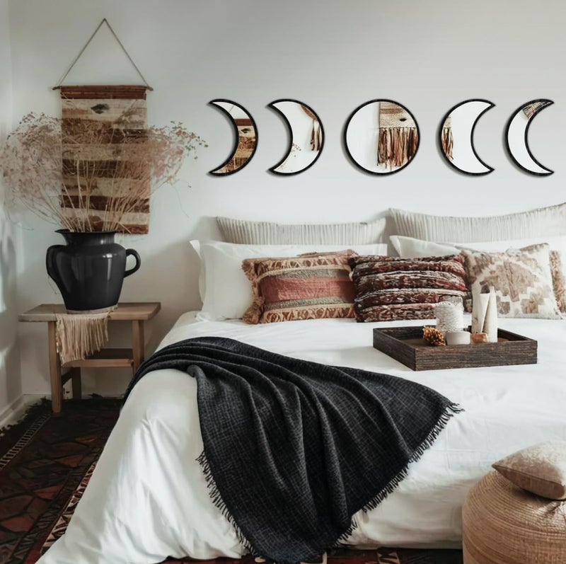 HMANGE 5-Piece Black Acrylic Moon Phase Wall Mirror Set - Shatterproof Safety Design, Easy Stick-On Installation, Boho Celestial Decor for Bedroom Living Room - Image 3
