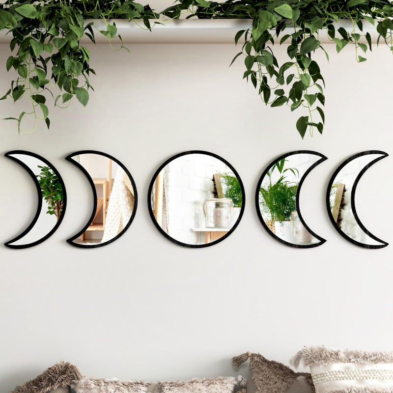 HMANGE 5-Piece Black Acrylic Moon Phase Wall Mirror Set - Shatterproof Safety Design, Easy Stick-On Installation, Boho Celestial Decor for Bedroom Living Room - Image 1