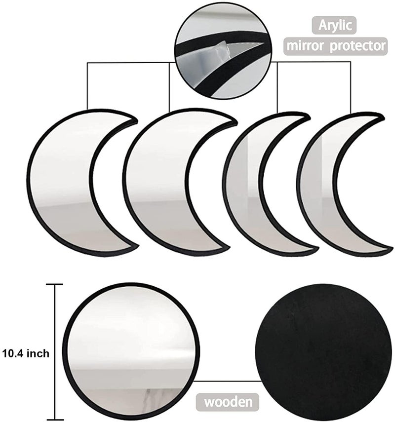 HMANGE 5-Piece Black Acrylic Moon Phase Wall Mirror Set - Shatterproof Safety Design, Easy Stick-On Installation, Boho Celestial Decor for Bedroom Living Room - Image 4