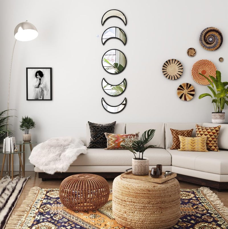 HMANGE 5-Piece Black Acrylic Moon Phase Wall Mirror Set - Shatterproof Safety Design, Easy Stick-On Installation, Boho Celestial Decor for Bedroom Living Room - Image 2