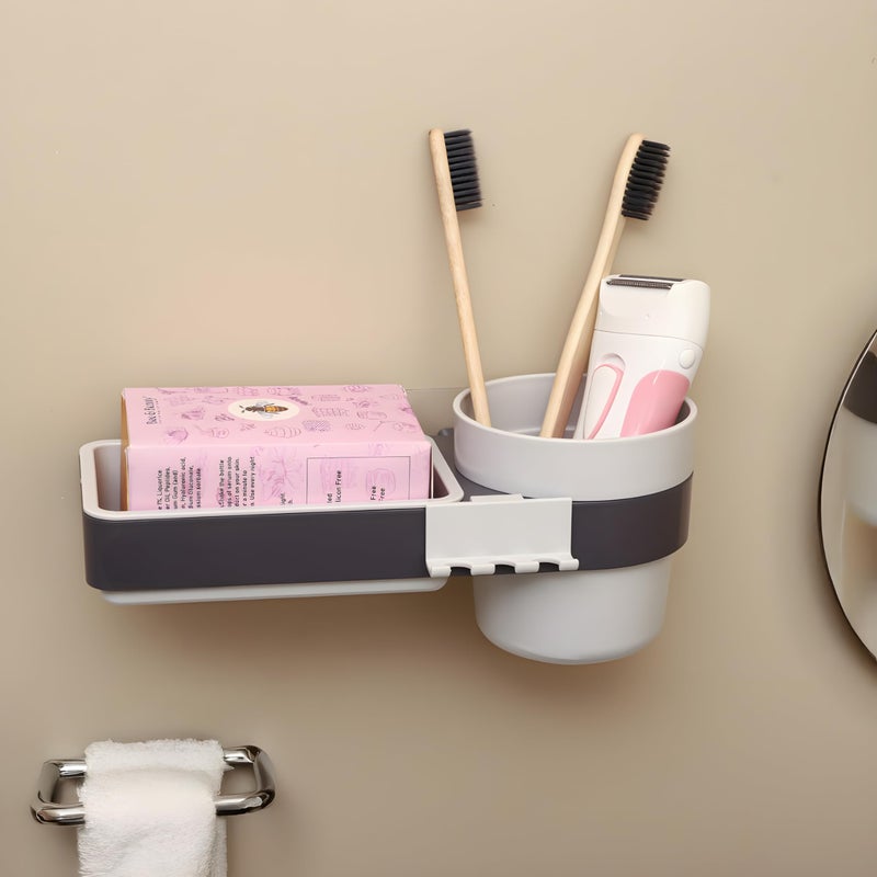 Jinila 3 in 1 Plastic Wall Mounted Toothpaste, Soap Dish and Hanging Toothbrush Holder Bathroom and Sink/Wash Basin Storage Organiser (Pack of 1, Gray and Cream) - Image 3