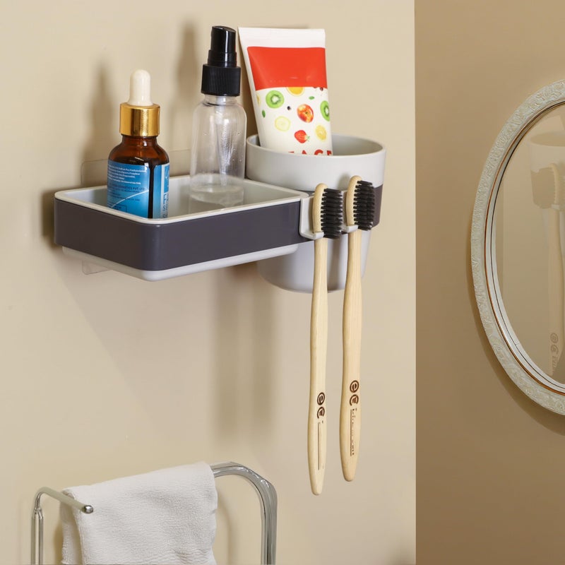 Jinila 3 in 1 Plastic Wall Mounted Toothpaste, Soap Dish and Hanging Toothbrush Holder Bathroom and Sink/Wash Basin Storage Organiser (Pack of 1, Gray and Cream) - Image 4