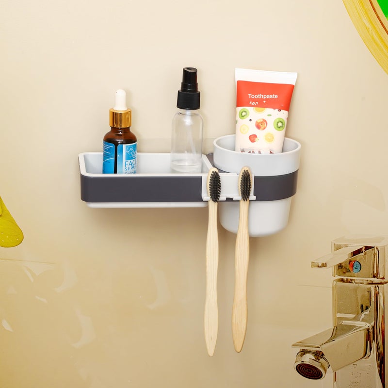 Jinila 3 in 1 Plastic Wall Mounted Toothpaste, Soap Dish and Hanging Toothbrush Holder Bathroom and Sink/Wash Basin Storage Organiser (Pack of 1, Gray and Cream) - Image 2