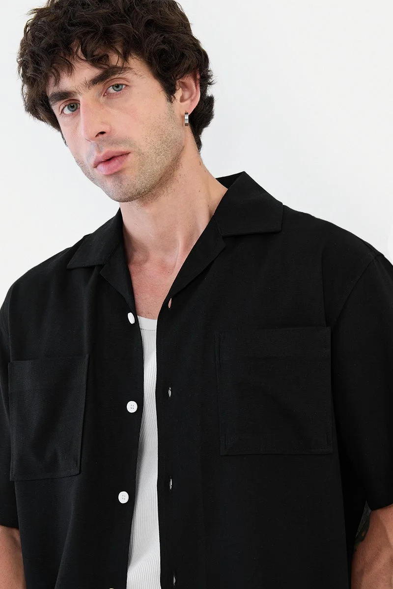 SNITCH Black Textured Half Sleeve Boxy Vacation Shirt