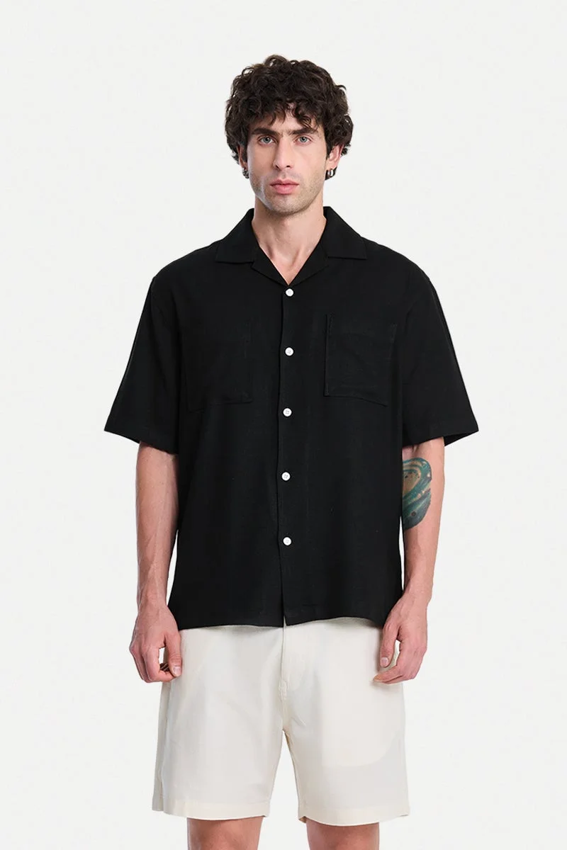 SNITCH Black Textured Half Sleeve Boxy Vacation Shirt