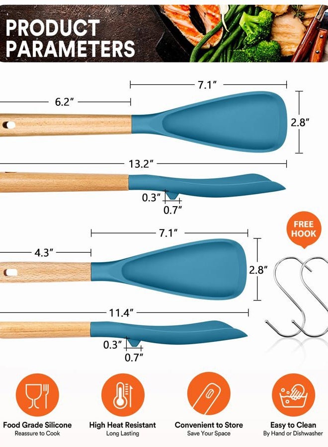 Badiano Multifunction Spatula Spoon for Nonstick Cookwares, Great for Cooking and Serving, Sturdy BPA-Free Matte Silicone, Wood Handle Spatula for Mixing, Scoop, and Scrape, Turquoise(2 pack,11.4" & 13.4") - Image 2