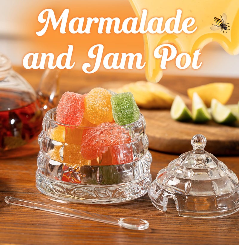 Clevli Elegant Glass "Crystal" Honey Jar with 2 Glass + 1 Wooden Dipper & 1 Clear Spoon | Beehive Design | 10 oz Container | Perfect for Sugar, Marmalade & Jam | Durable & Stylish Multipurpose Pot with Lid - Image 3