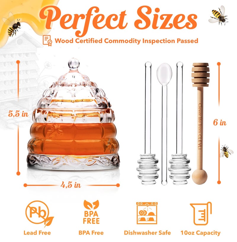 Clevli Elegant Glass "Crystal" Honey Jar with 2 Glass + 1 Wooden Dipper & 1 Clear Spoon | Beehive Design | 10 oz Container | Perfect for Sugar, Marmalade & Jam | Durable & Stylish Multipurpose Pot with Lid - Image 5