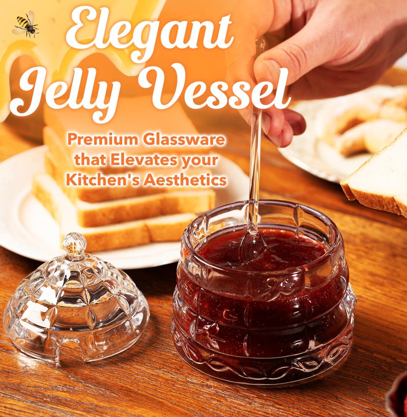 Clevli Elegant Glass "Crystal" Honey Jar with 2 Glass + 1 Wooden Dipper & 1 Clear Spoon | Beehive Design | 10 oz Container | Perfect for Sugar, Marmalade & Jam | Durable & Stylish Multipurpose Pot with Lid - Image 2