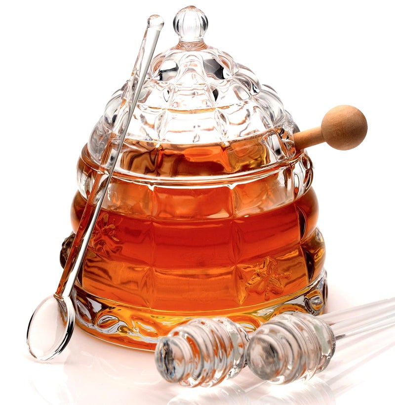 Clevli Elegant Glass "Crystal" Honey Jar with 2 Glass + 1 Wooden Dipper & 1 Clear Spoon | Beehive Design | 10 oz Container | Perfect for Sugar, Marmalade & Jam | Durable & Stylish Multipurpose Pot with Lid - Image 1