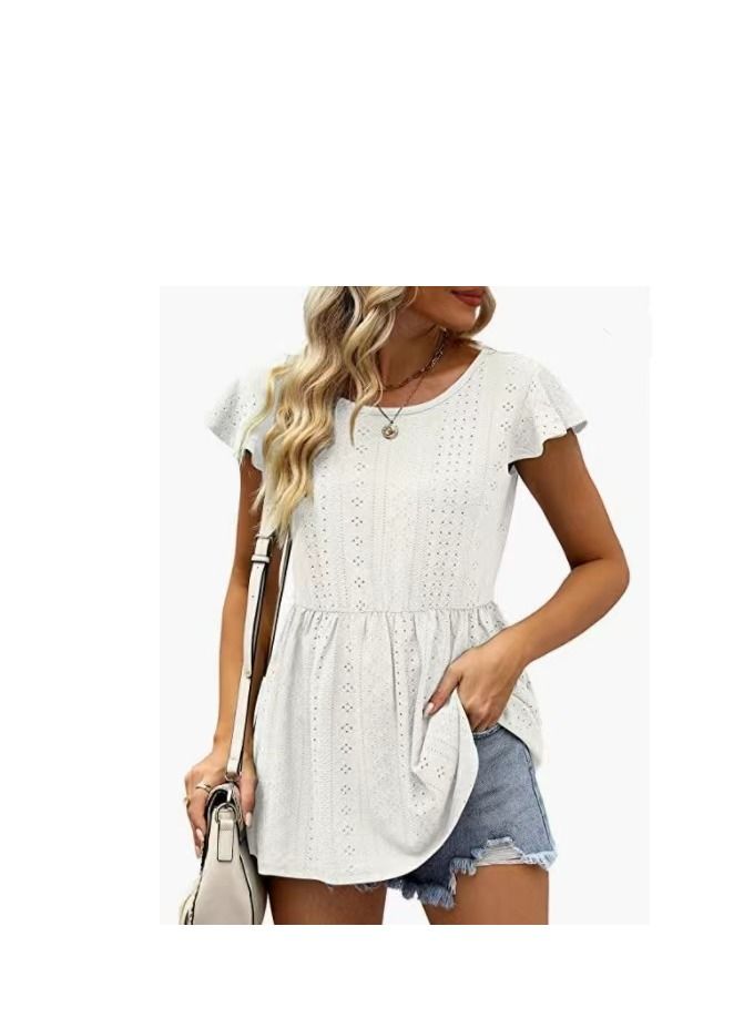 Loquat Women's Summer New Hollowed Out Waist Lotus Sleeve Casual Shirt 