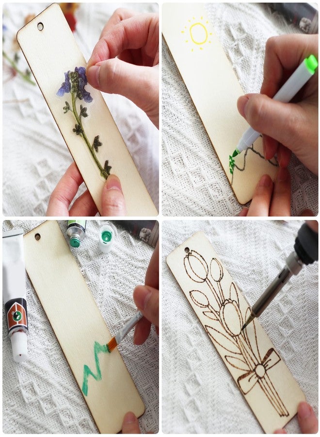 SWATOM Wood Bookmarks Blank DIY Semicircle & Rectangle Wooden Bookmark Craft Bulk 30 PCS Unfinished Wood Tags Rectangle Shape Ornaments with Holes and Tassels for Wedding Party Birthday Decoration - Image 2