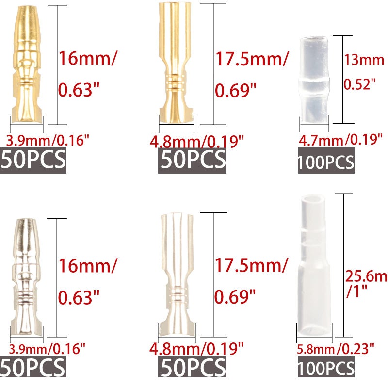 Feggizuli 400PCS 39mm Bullet Connectors Male and Female Brass Bullet Terminal Connectors with Insulation Sleeve Crimp Terminal Connectors Automotive Electrical Connectors Motorcycle Connector Kit - Image 4