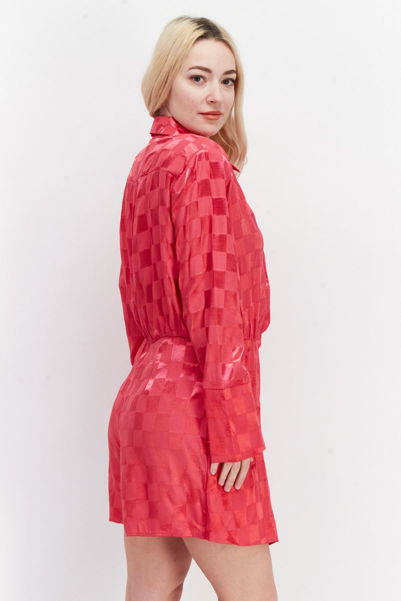 RIVER ISLAND Women Checkered Long Sleeve Play Suite, Dark Pink  - Image 2