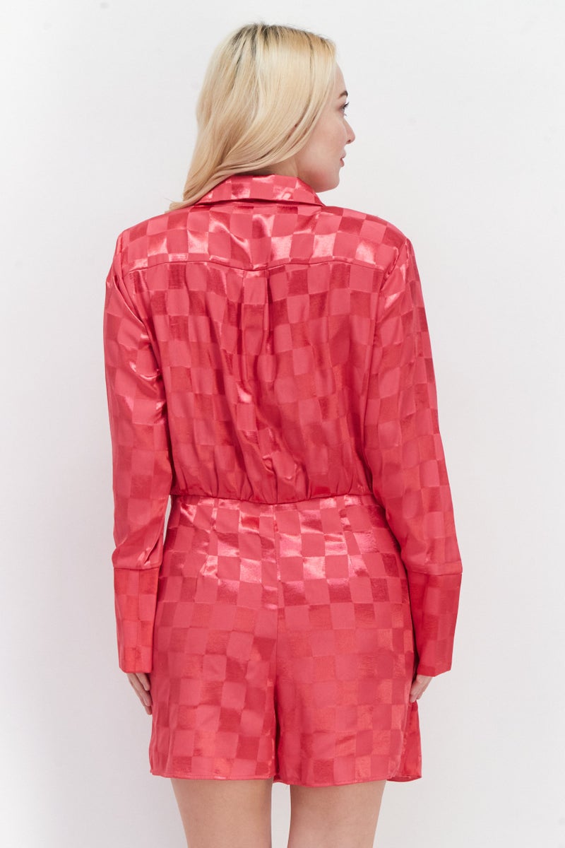 RIVER ISLAND Women Checkered Long Sleeve Play Suite, Dark Pink - Image 4