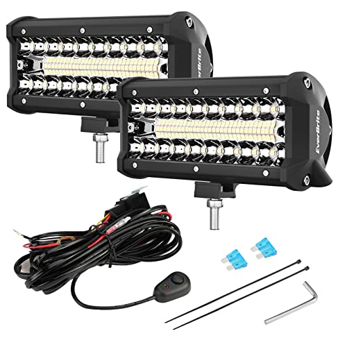 EverBrite 2PCS 7 Inch 150W Light Bar, Spot Flood Off Road Fog Driving Work Light for Truck Car ATV SUV Cabin Boat, with 16AWG Wiring Harness Kit- 2 Leads - Image 1