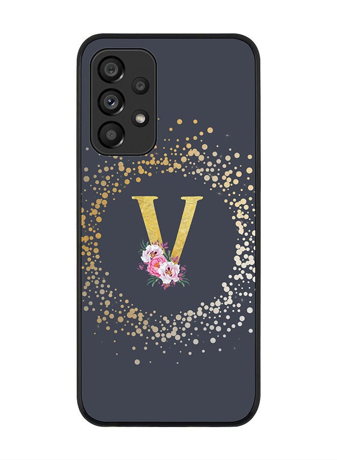 Stylizedd Rugged Black edge case for Samsung Galaxy A33 5G Slim fit Soft Case Flexible Rubber Edges Anti Drop TPU Gel Thin Cover - Custom Monogram Initial Letter Floral Pattern Alphabet - V (Grey ) - Image 1