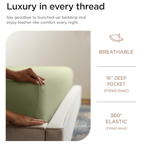 Threadmill 100% Cotton Sheets for King Size Bed - 600 Thread Count King Bed Sheets Set with 16” Deep Pocket - Sateen Weave 4-Piece Bedding Set with Cooling Effect, Sage Green - Image 3