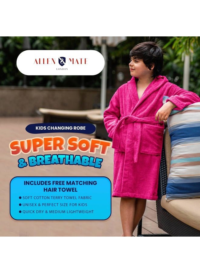 ALLEN & MATE 100% COTTON Children's Bathrobe with Hood Quick-Drying for Boys and Girls, Morning Coat with Towel and Pockets, pink, 10-11 Years - Image 3
