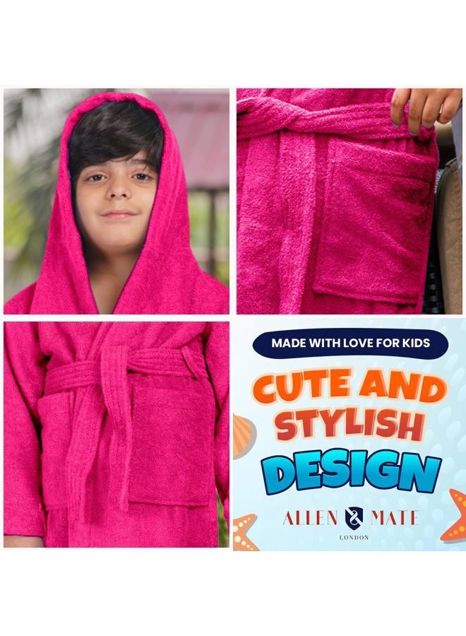ALLEN & MATE 100% COTTON Children's Bathrobe with Hood Quick-Drying for Boys and Girls, Morning Coat with Towel and Pockets, pink, 10-11 Years - Image 5