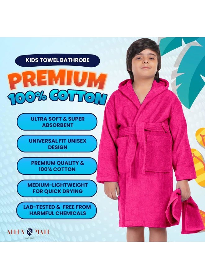 ALLEN & MATE 100% COTTON Children's Bathrobe with Hood Quick-Drying for Boys and Girls, Morning Coat with Towel and Pockets, pink, 10-11 Years - Image 2