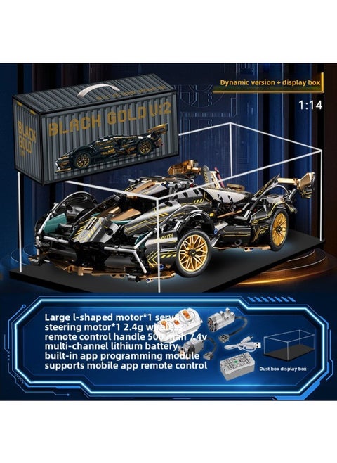 Cyberpunk Lamborgan Green Cow Building Blocks Black Samurai V12 Remote Control Car Boy Assembled Toy Car-Color:Container Version Black Gold V12+ Dynamic + Display Box