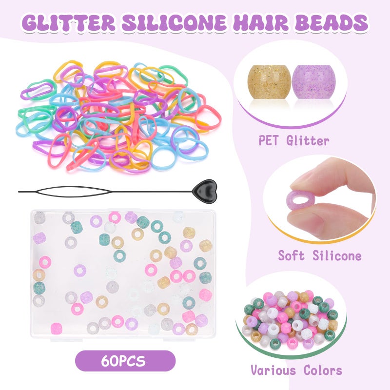 FunisFun Glitter Silicone Hair Beads 60Pcs Soft Shimmery Pony Beads for Braids 6 Colors Hair Accessories for Kids Girls Parties Daily Hairstyles (Small-60P) - Image 3