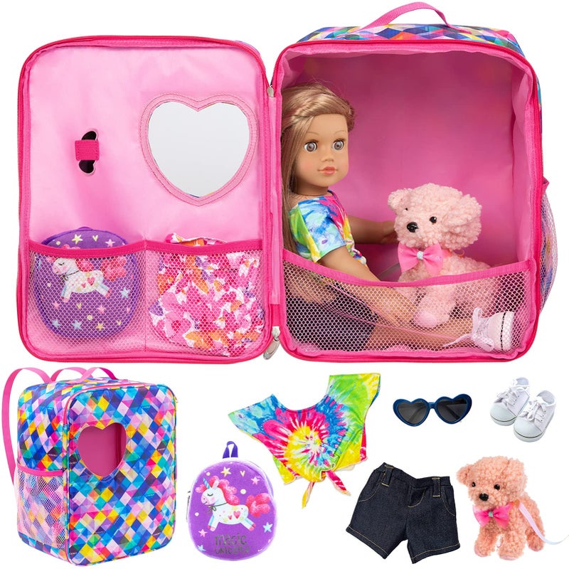 Ecore Fun 5 Items 18 inch Dolls Bag Set and Accessories Including 18 Inch Doll Clothes, Shoes, Sunglasses, Doll Backpack and Toy Dog - Image 1
