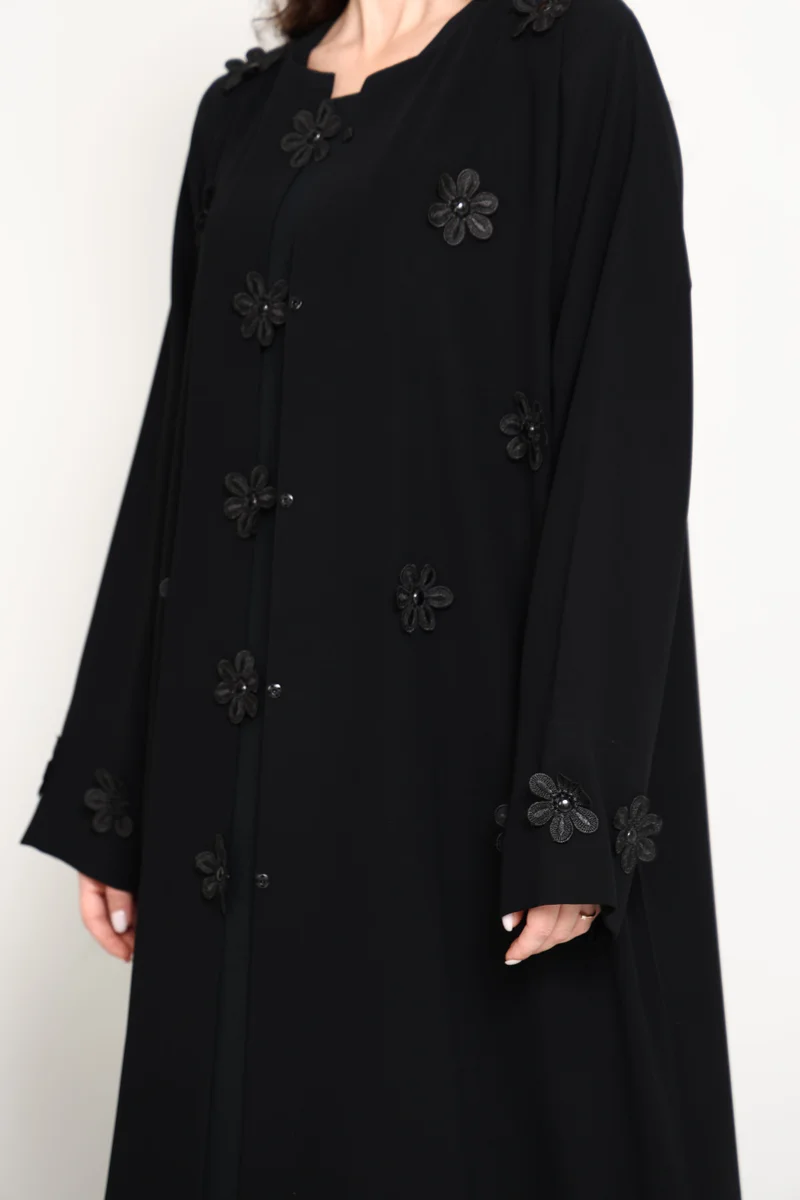 MSquare Fashion  Black Luxury Abaya with Tonal Lace Flower Embellishments for Women | Best Price UAE