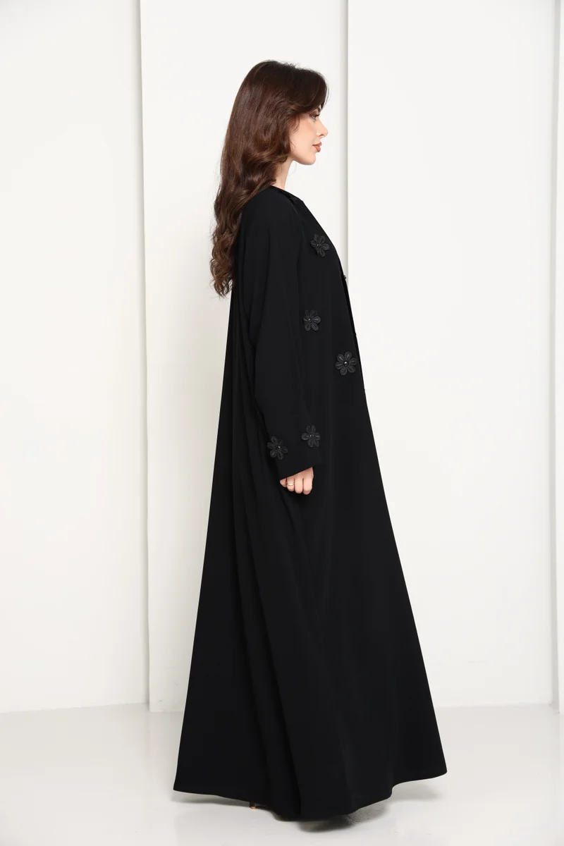 MSquare Fashion  Black Luxury Abaya with Tonal Lace Flower Embellishments for Women | Best Price UAE