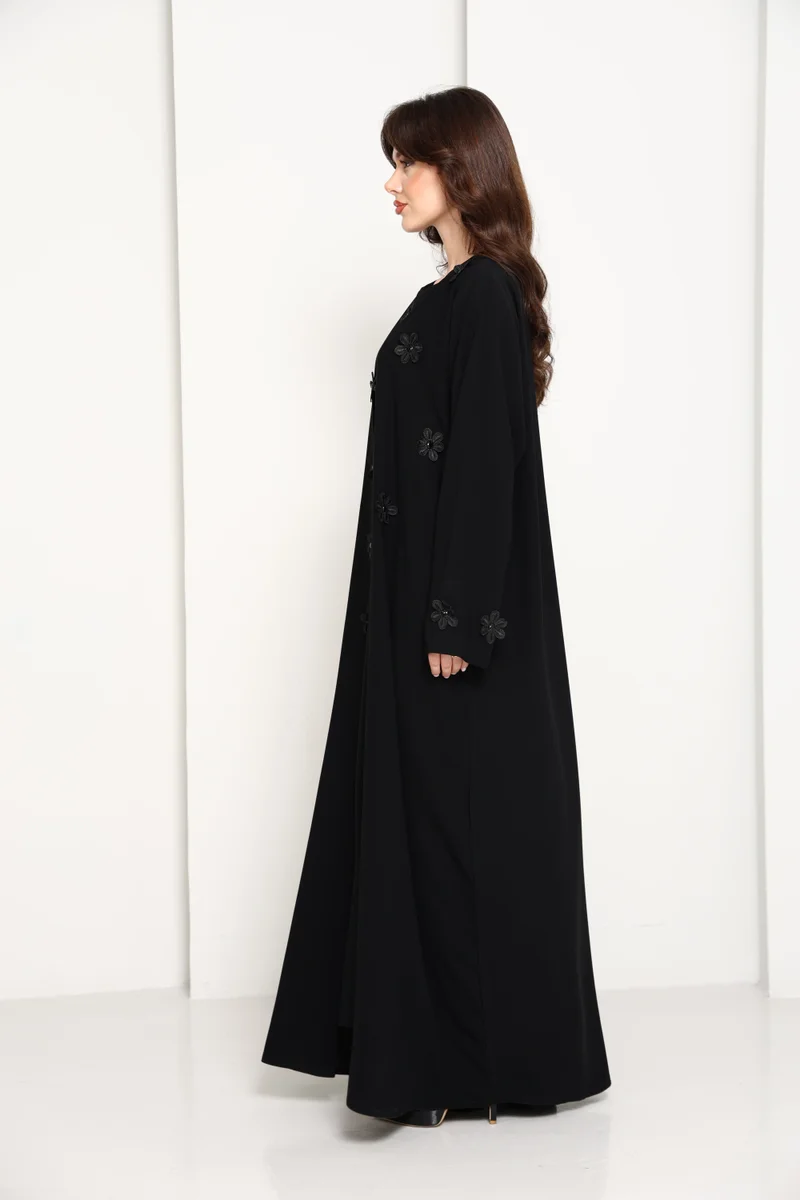 أم سكوير فاشن Black Luxury Abaya with Tonal Lace Flower Embellishments