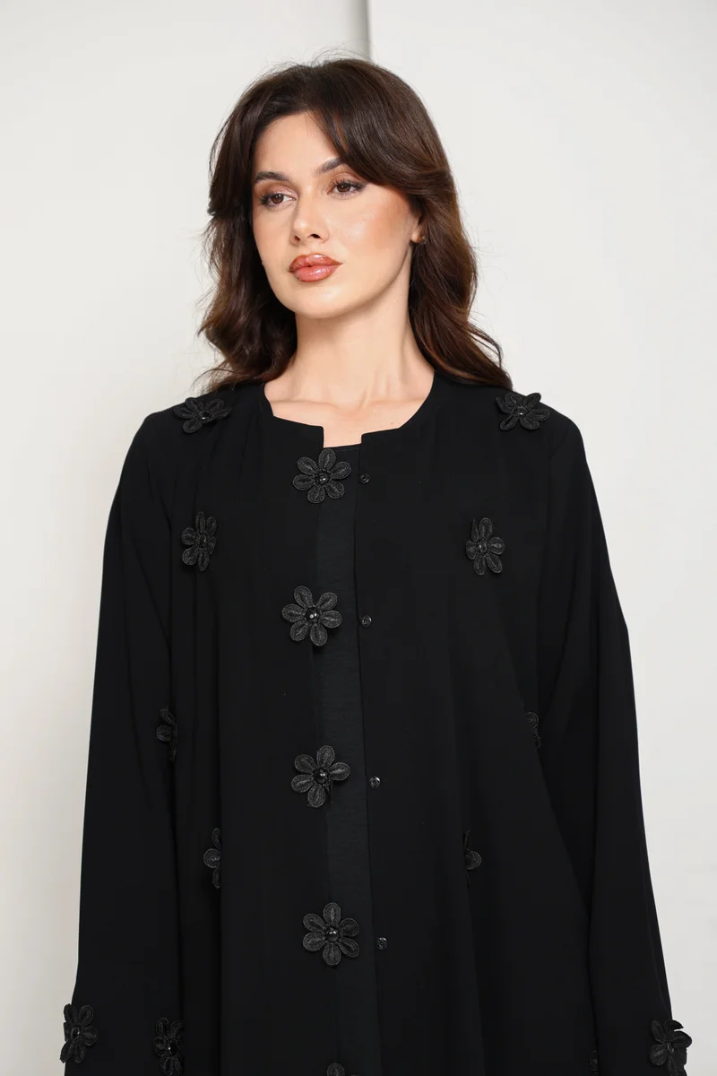 MSquare Fashion  Black Luxury Abaya with Tonal Lace Flower Embellishments for Women | Best Price UAE