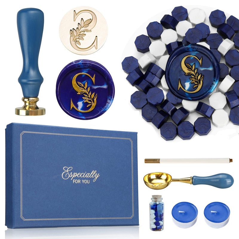 SWANGSA Initial Alphabet S Wax Seal Stamp Kit Vintage Elegant Botanical Leaves Letter Sealing Stamp with Sealing Wax Beads Gift Box Kit