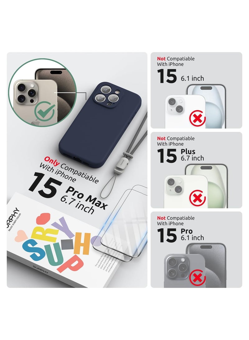 ELTRAZONE Design for iPhone 15 Pro Max Case [2 x Screen Protectors & 1 x Lanyard], Liquid Silicone Protection for Each Lens Shockproof Cover for iPhone 15 Pro Max 6.7 inch 2023, Midnight Blue - Image 2