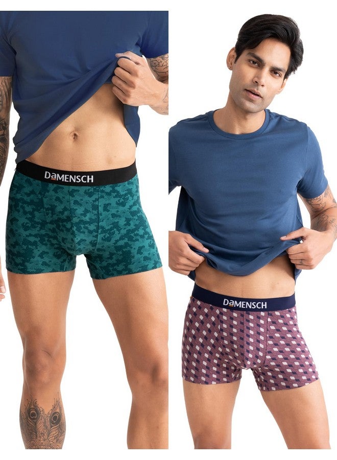 DAMENSCH Men's Regular Fit Printed Cotton Trunks | Combed Cotton, Stretchy Fabric Underwear for Men, Trunks for Men, Boxer Briefs for Men,Mens Underwear-Tulipwood,Colonial Blue-M - Image 1