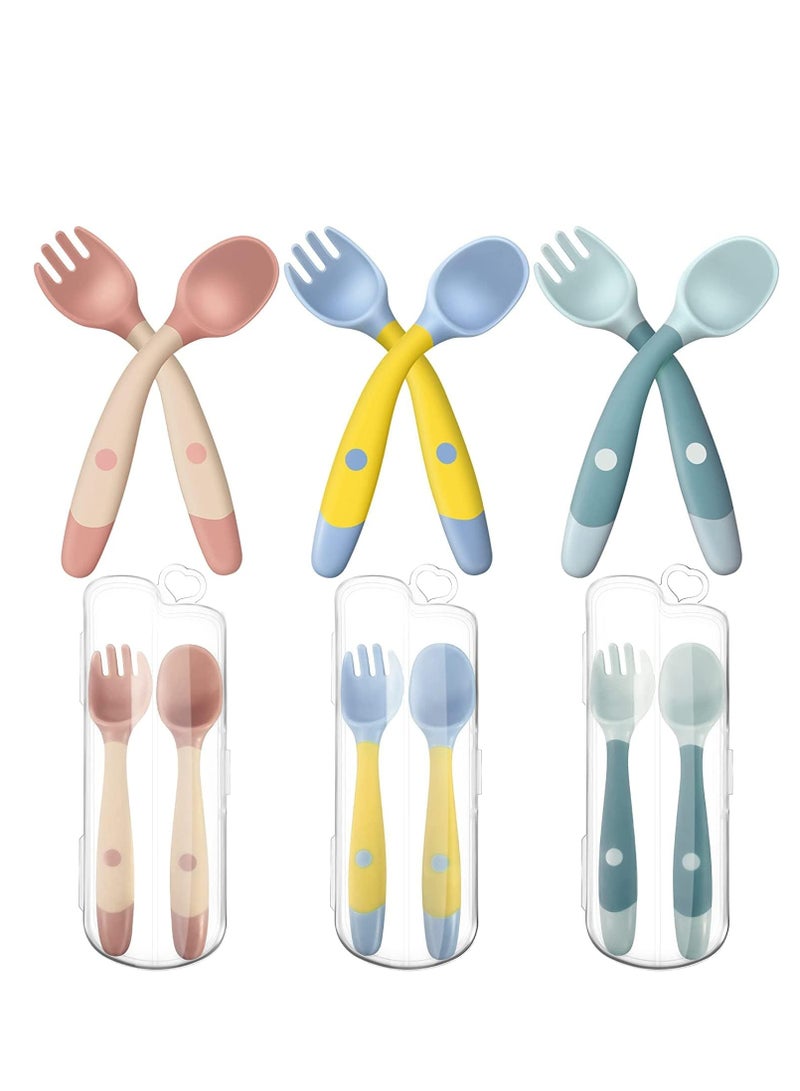 سجن سفما طفل ملعقة وشوكة مجموعة ، مجموعة أدوات المائدة للأطفال سيليكون ملعقة وشوكة مع شل الخارجي يمكن أن تكون عازمة على التغذية الذاتية التدريب مجموعة أدوات المائدة للأطفال ، مجموعة أطفال مع مقبض أخضر ، وردي ، أصفر - Image 1