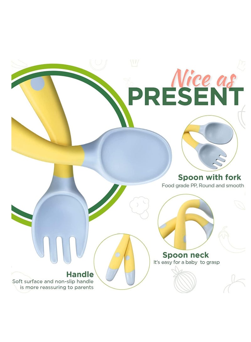 سجن سفما طفل ملعقة وشوكة مجموعة ، مجموعة أدوات المائدة للأطفال سيليكون ملعقة وشوكة مع شل الخارجي يمكن أن تكون عازمة على التغذية الذاتية التدريب مجموعة أدوات المائدة للأطفال ، مجموعة أطفال مع مقبض أخضر ، وردي ، أصفر - Image 2