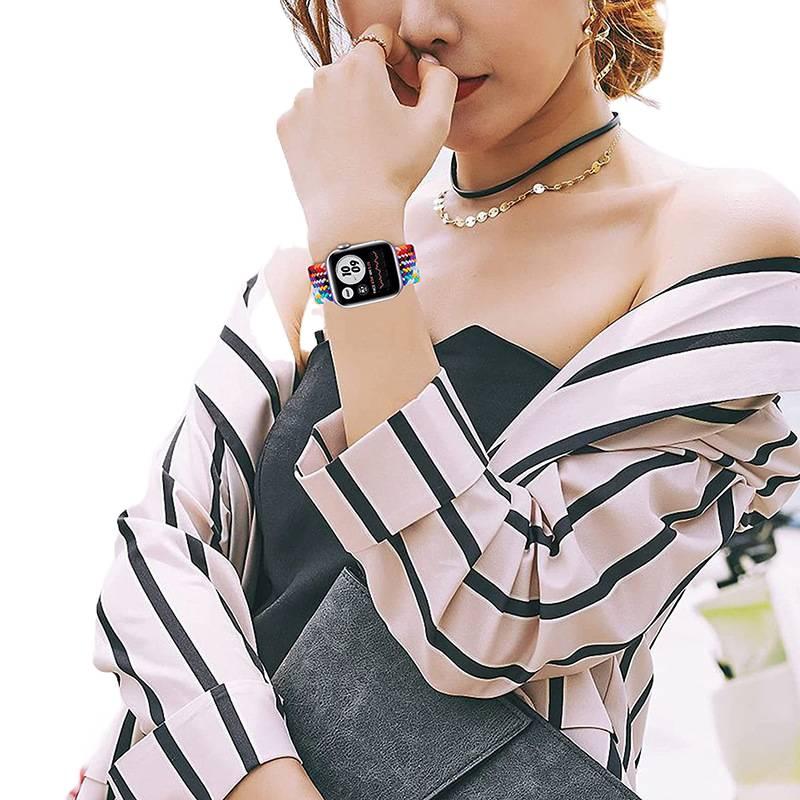 سوار ساعة ذكية سوار نايلون حلقي متوافق مع Apple Watch / SE بملاءمة قابلة للتعديل وحزام بديل للاستخدام اليومي باللون أسود قابل للتعديل باللون الأسود - Image 5