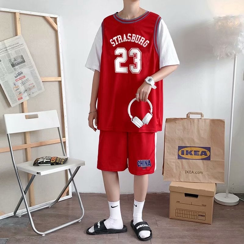 Mens Summer Basketball Kit 23 Sleeveless Top Shorts Set Red  - Image 1