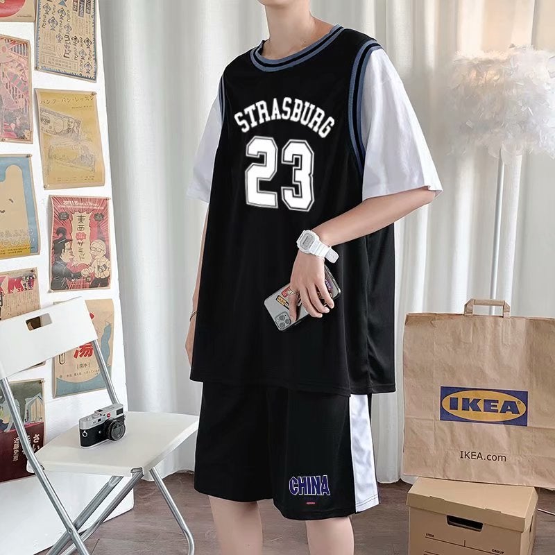 Mens Summer Basketball Kit 23 Sleeveless Top Shorts Set Red  - Image 2
