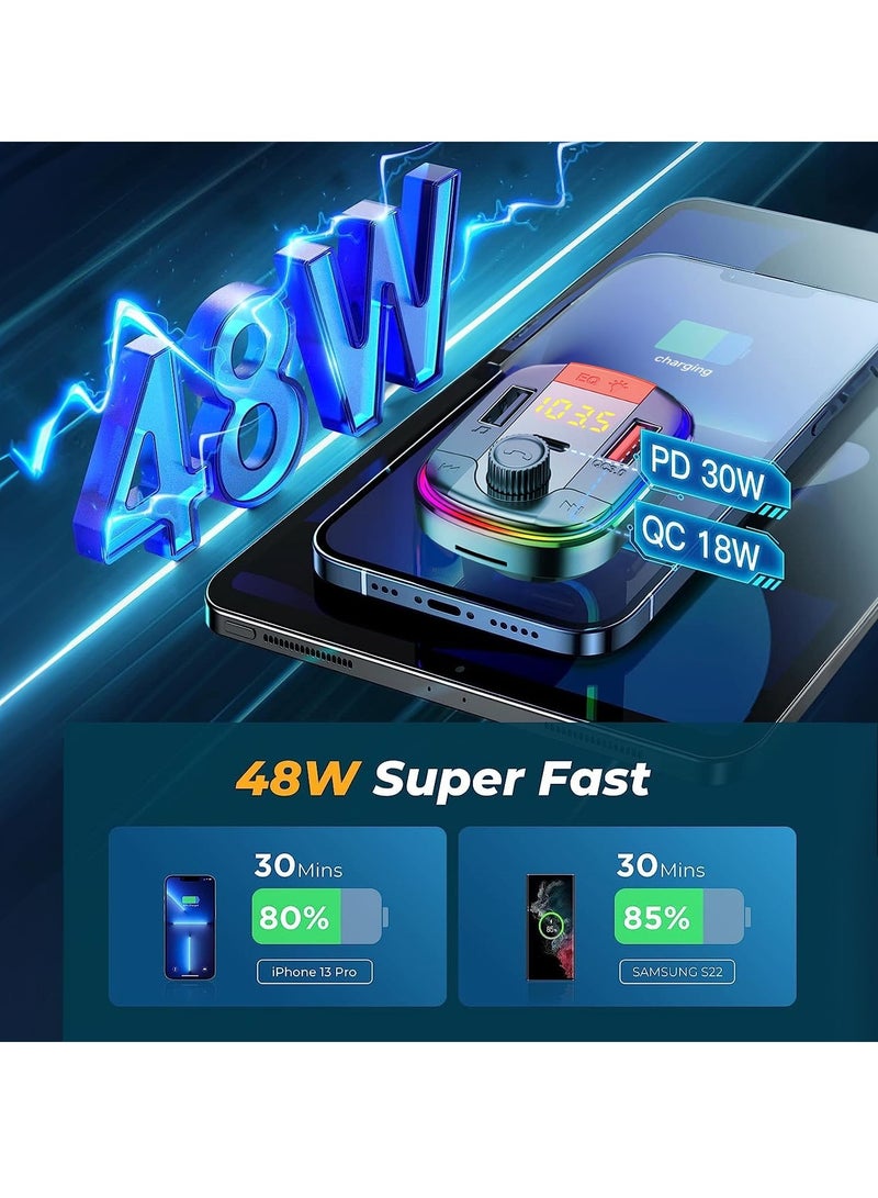 محول سيارة بلوتوث 5.3 مع جهاز إرسال FM وصوت HiFi، شحن سريع، شاشة LED، مكالمات بدون استخدام اليدين، دعم USB - Image 3